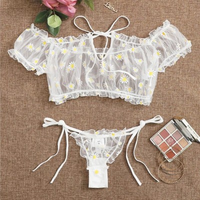 High Quality Sexy Lingerie Hot Girl Sexy Lace Transparent Yellow Flower Two-piece Setsuit